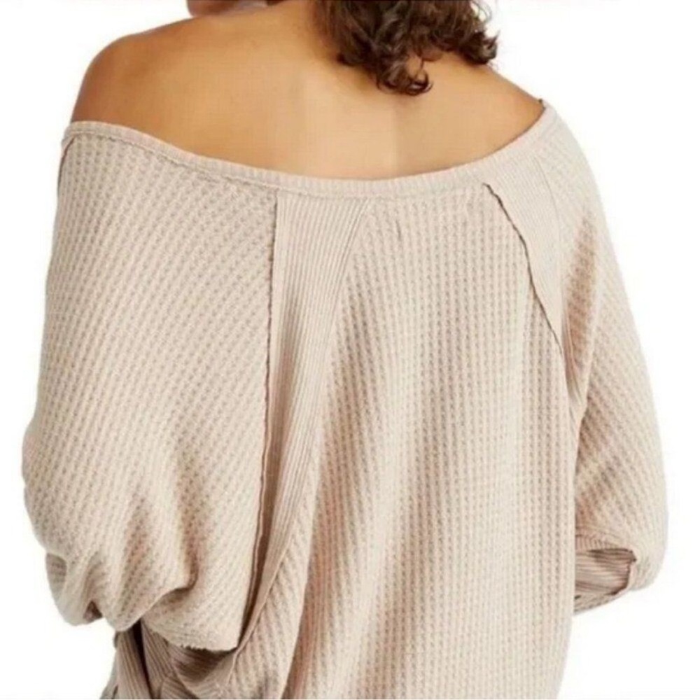 FREE PEOPLE Santa Clara womens medium Alabaster waffle knit V-neck long sleeve - Picture 2 of 10